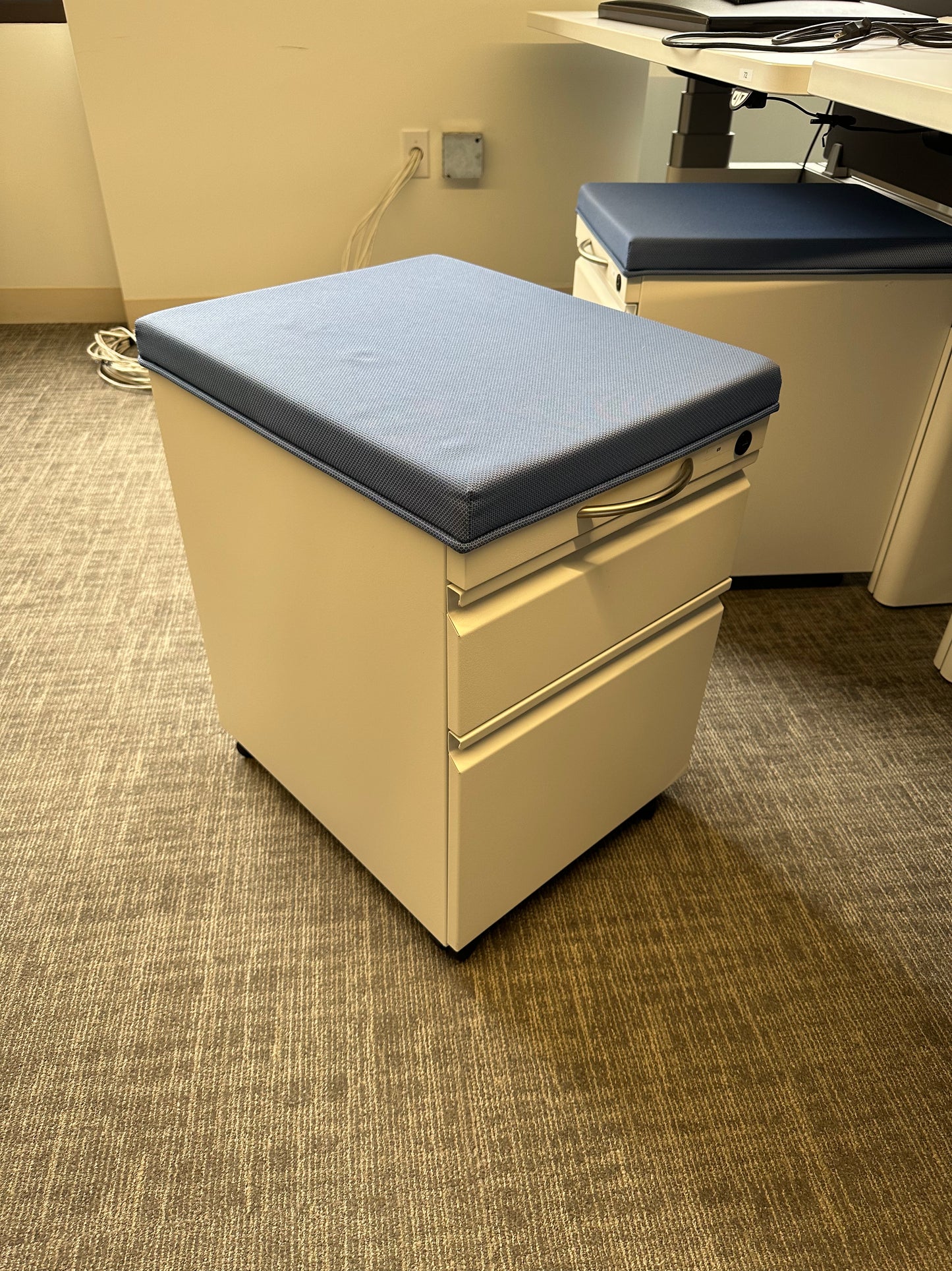 White with blue fabric top rolling pedestal storage cabinet