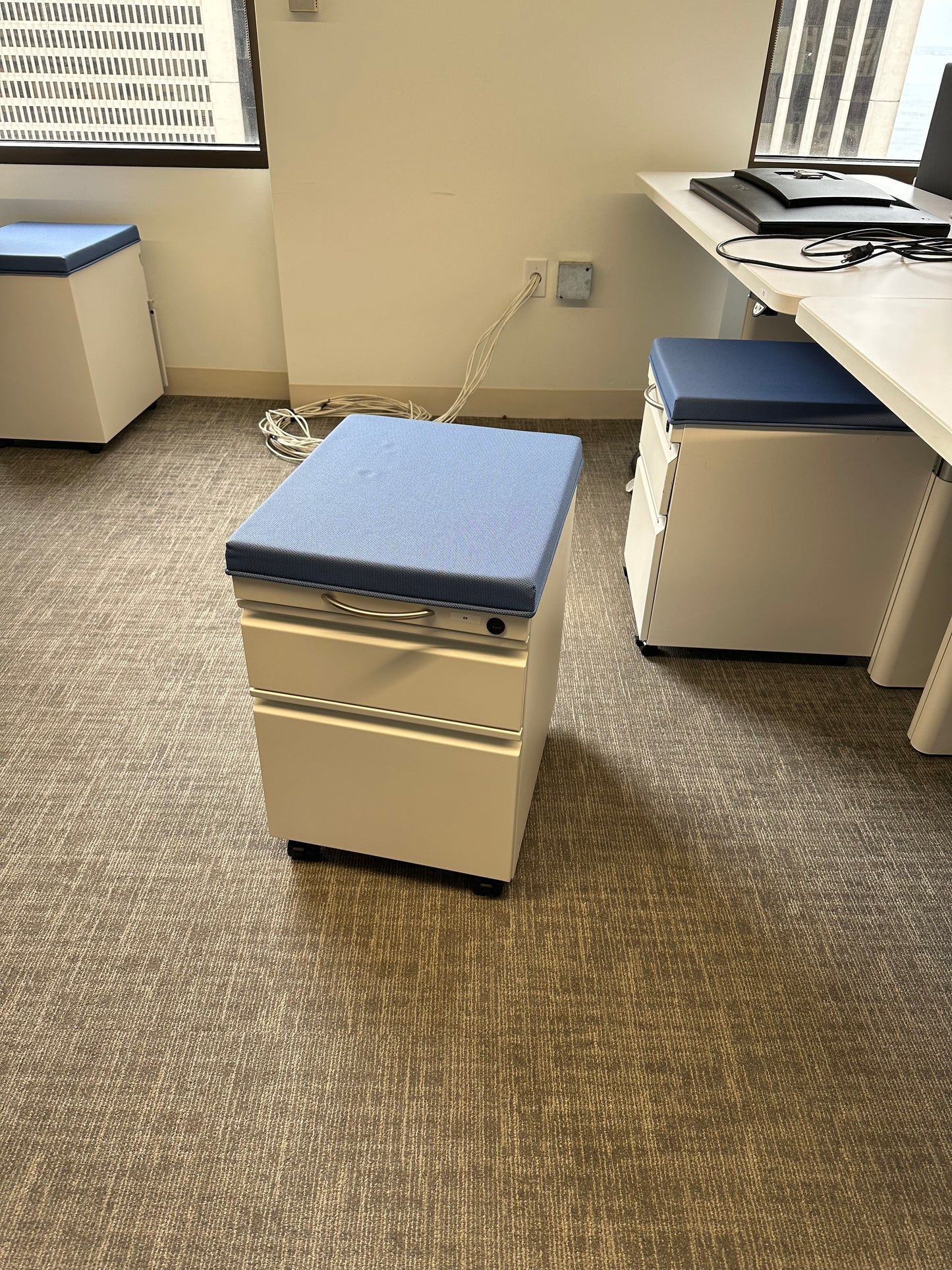 White with blue fabric top rolling pedestal storage cabinet