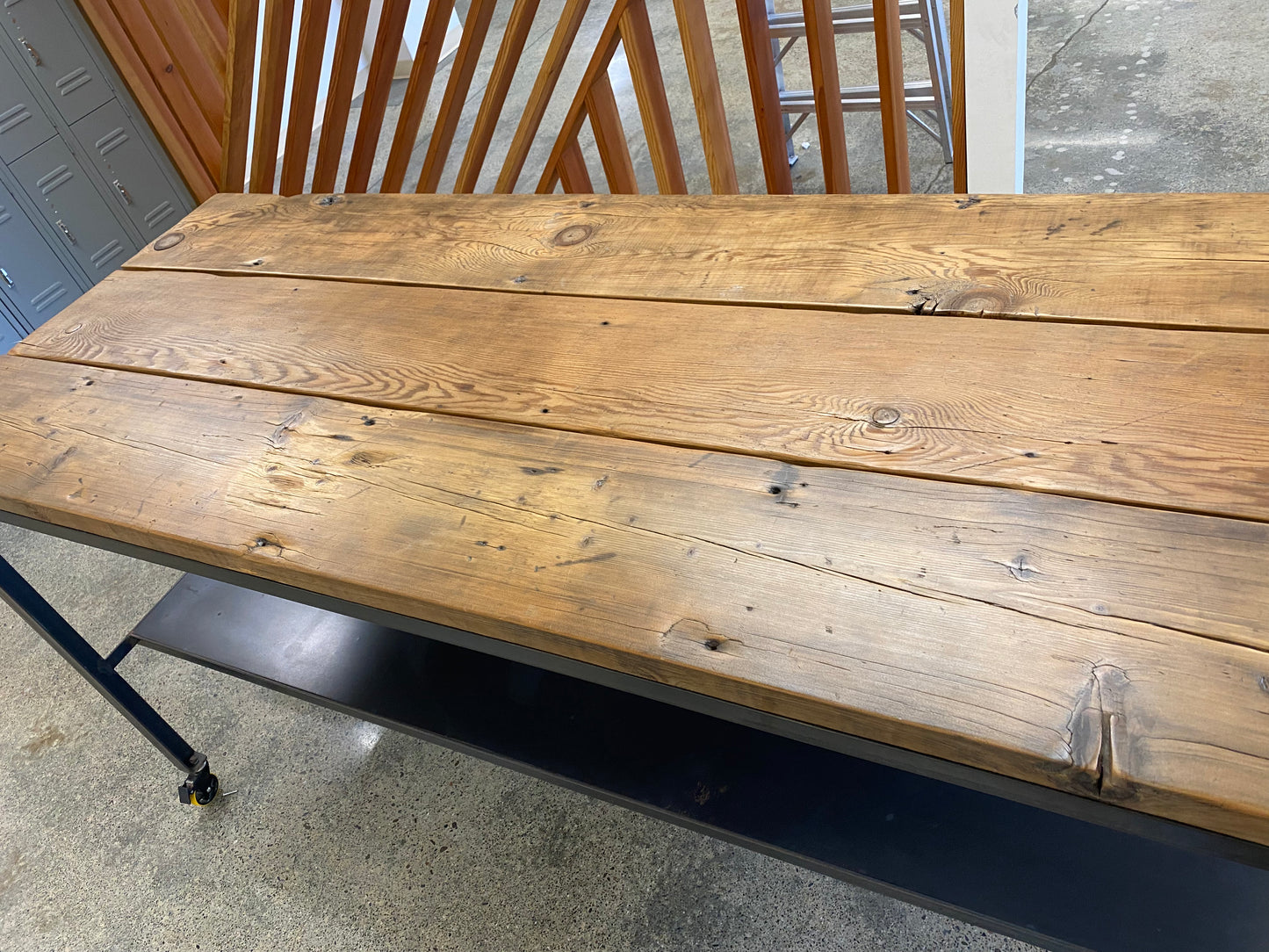 Reclaimed wood counter height rolling table